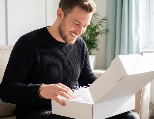 Customer opening a securely packed parcel for delivery
