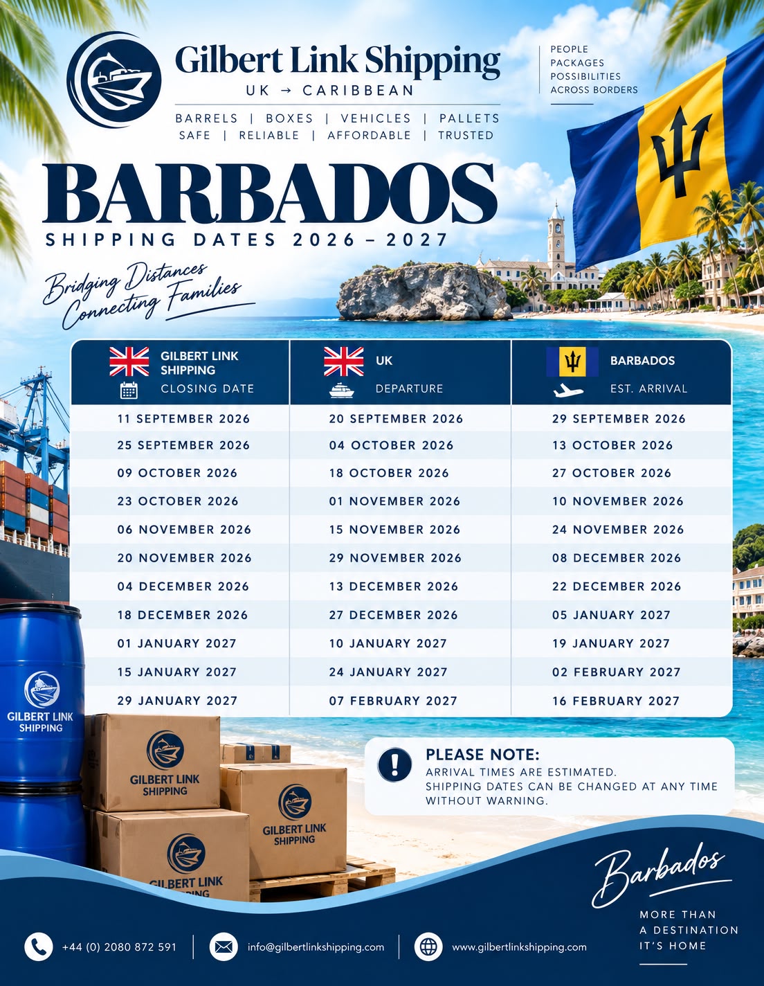 Barbados shipping dates 2026–2027 from Gilbert Link Shipping