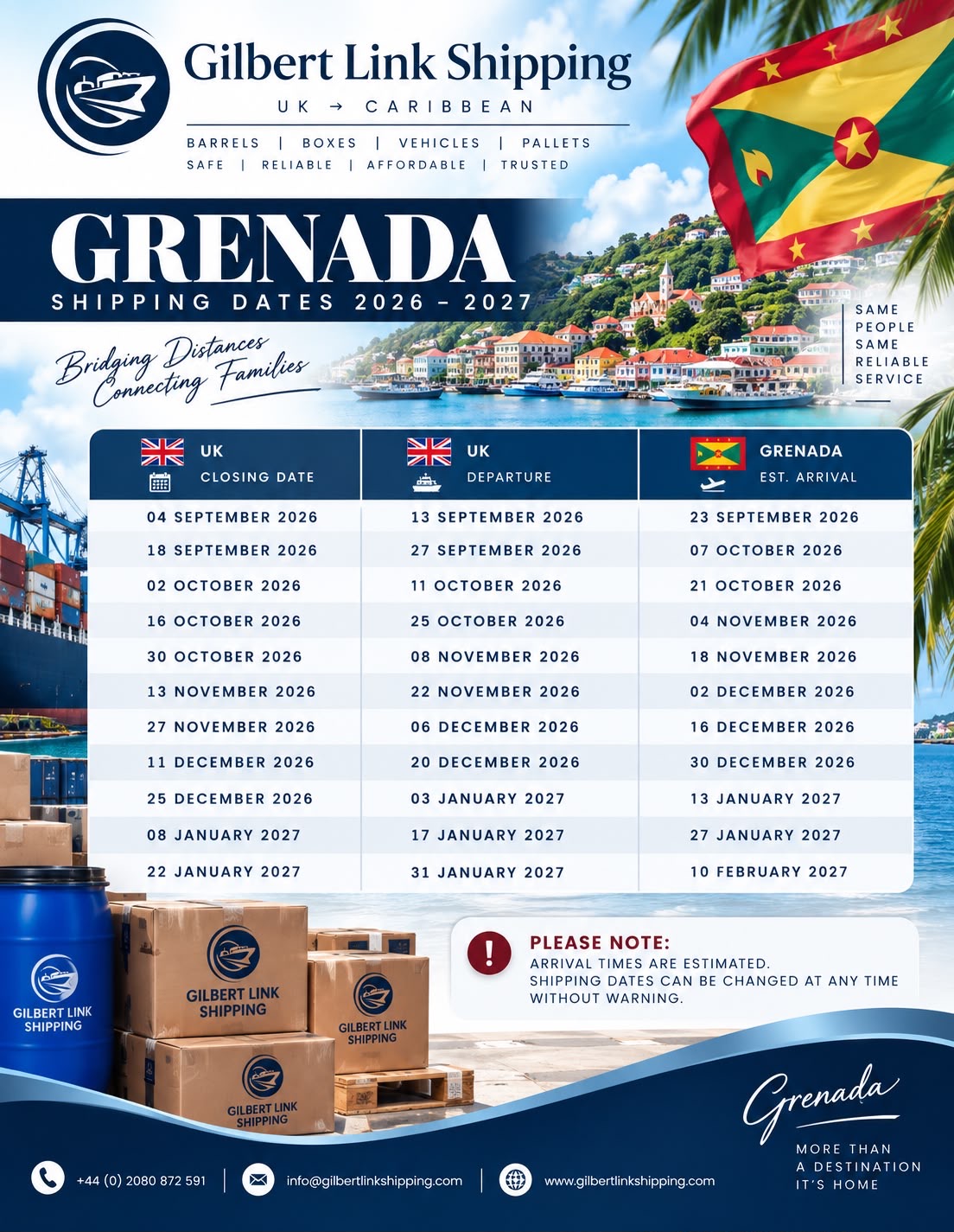 Grenada shipping dates 2026–2027 from Gilbert Link Shipping