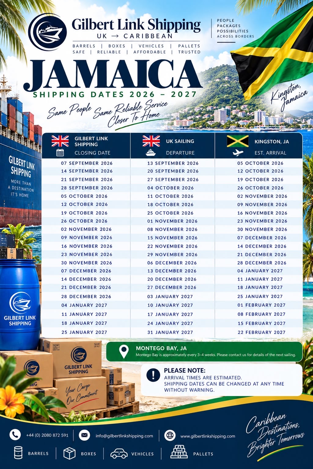 Jamaica shipping dates 2026–2027 from Gilbert Link Shipping