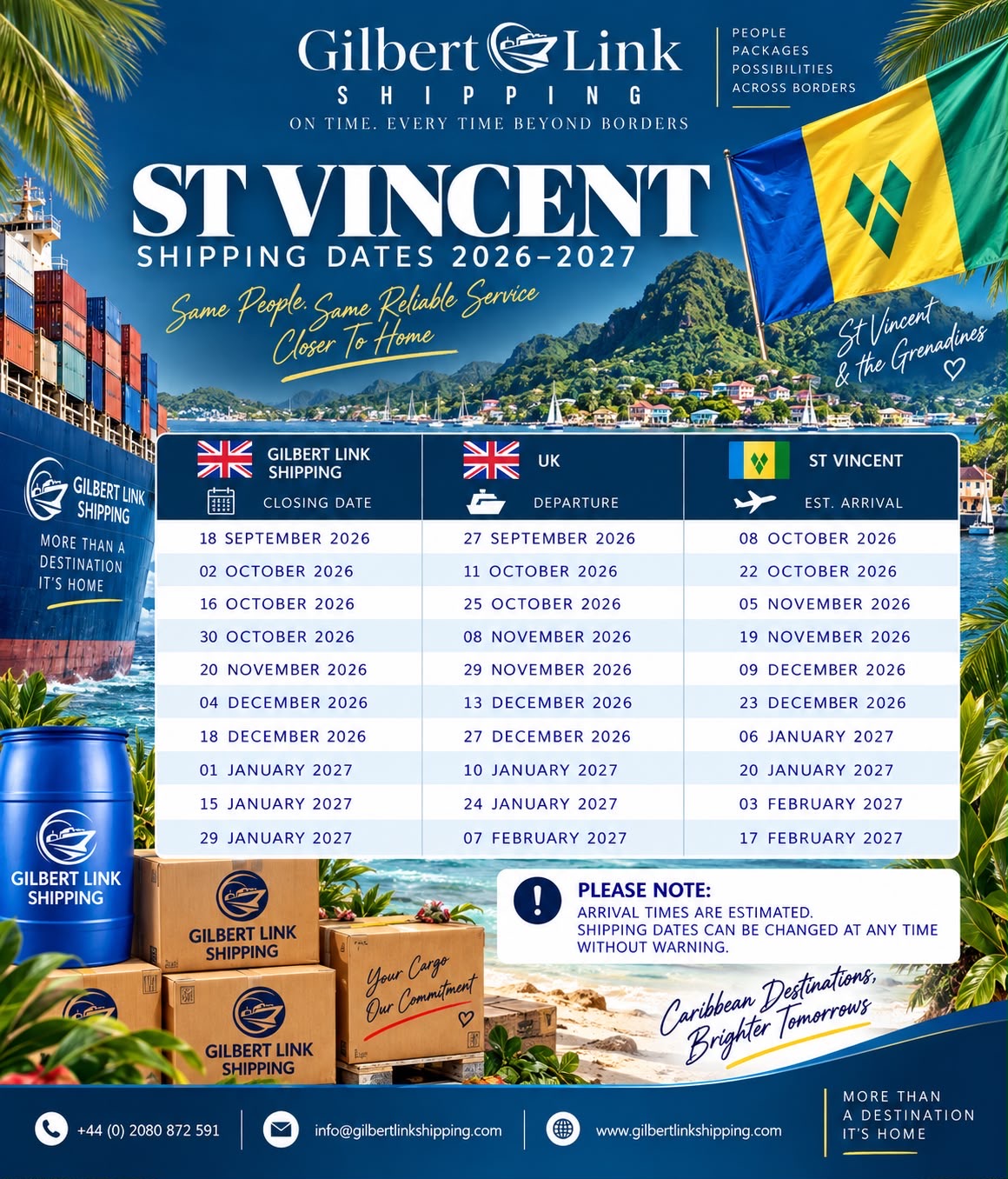 St Vincent shipping dates 2026–2027 from Gilbert Link Shipping