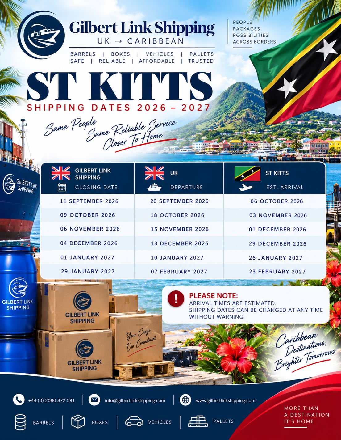 St Kitts shipping dates 2026–2027 from Gilbert Link Shipping