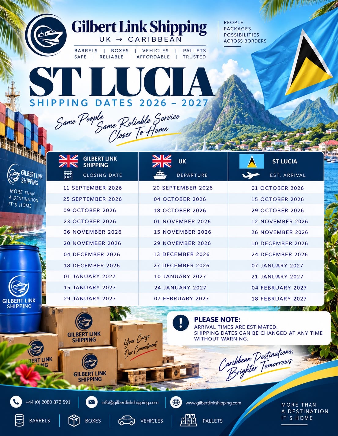 St Lucia shipping dates 2026–2027 from Gilbert Link Shipping