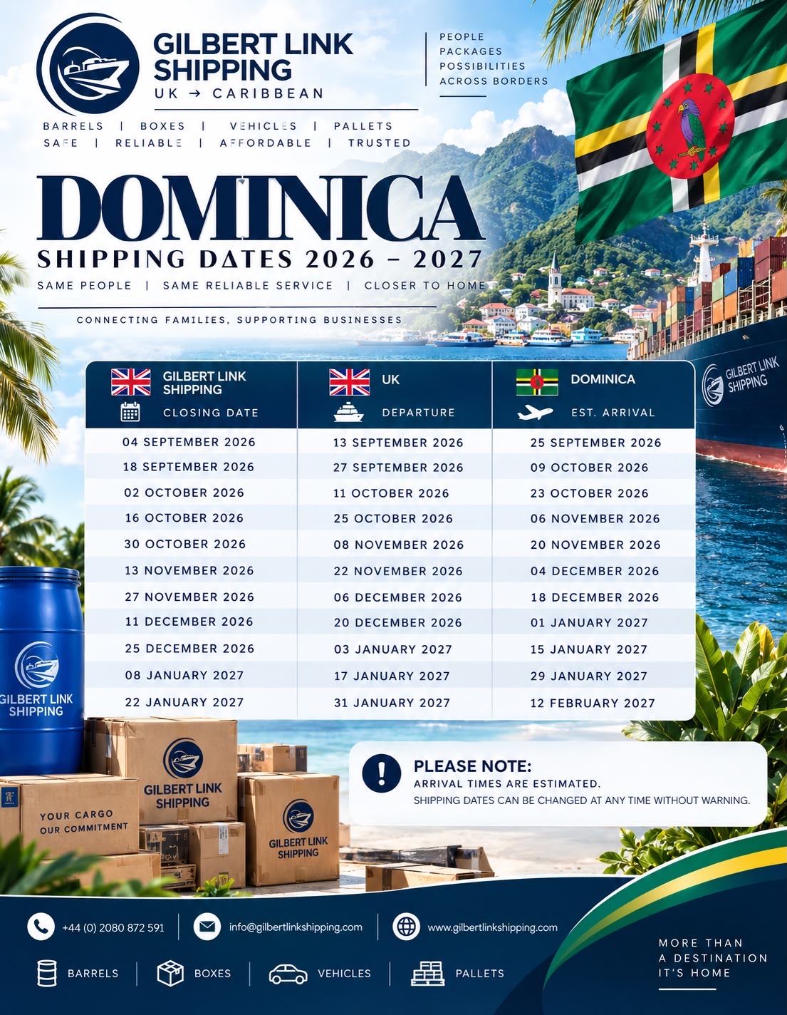 Dominica shipping dates 2026–2027 from Gilbert Link Shipping