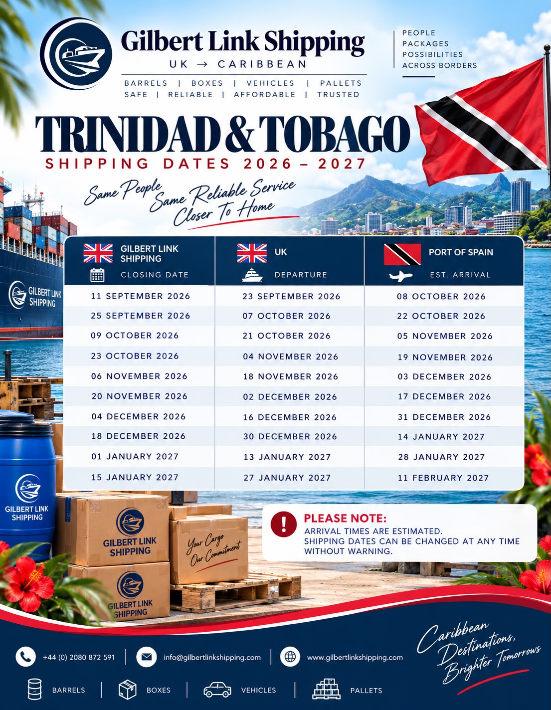 Trinidad & Tobago shipping dates 2026–2027 from Gilbert Link Shipping