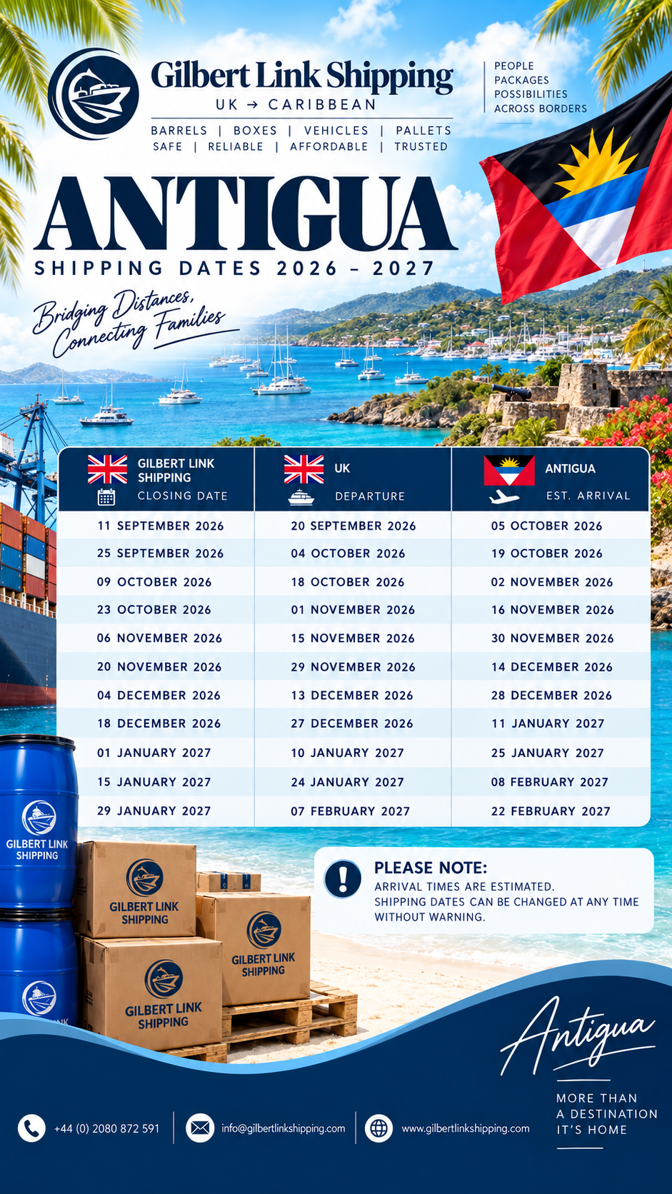 Antigua shipping dates 2026–2027 from Gilbert Link Shipping