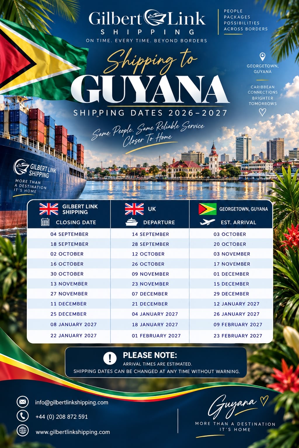 Guyana shipping dates 2026–2027 from Gilbert Link Shipping